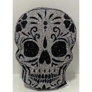 Sparkles Home Silver Black Rhinestone Halloween Sugar Skull TikTok Decor Pillow